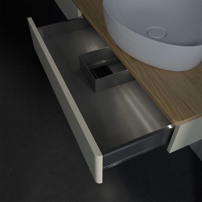 Villeroy & Boch Antao Waschbeckenunterschrank, 160 x 19 cm, 2 Auszüge mit LED-Licht, Front ohne Struktur, mit Hahnloch, für Waschtisch rechts