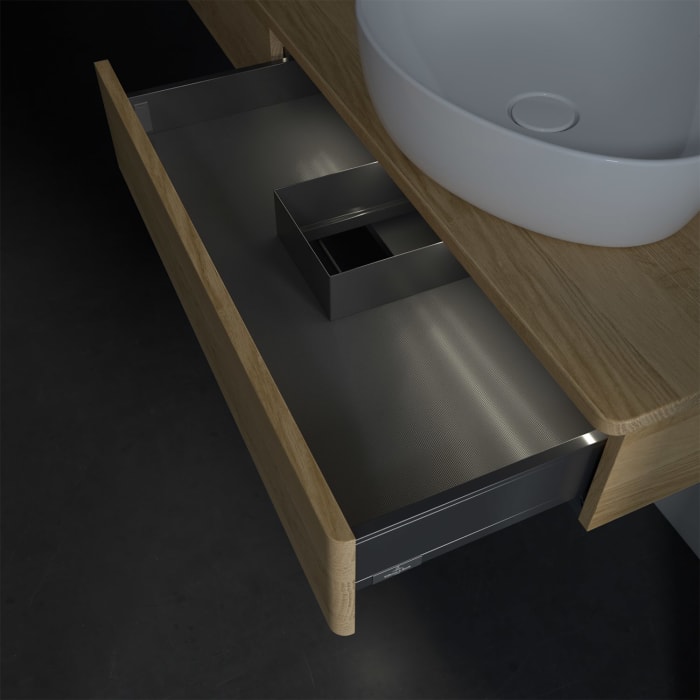 Villeroy & Boch Antao Waschbeckenunterschrank, 160 x 19 cm, 2 Auszüge mit LED-Licht, Front ohne Struktur, mit Hahnloch, für Waschtisch rechts