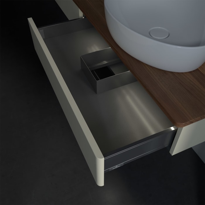 Villeroy & Boch Antao Waschbeckenunterschrank, 160 x 19 cm, 2 Auszüge mit LED-Licht, Front ohne Struktur, mit Hahnloch, für Waschtisch rechts