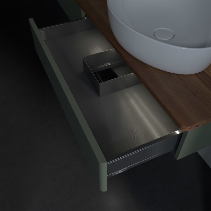 Villeroy & Boch Antao Waschbeckenunterschrank, 160 x 19 cm, 2 Auszüge mit LED-Licht, Front ohne Struktur, mit Hahnloch, für Waschtisch rechts