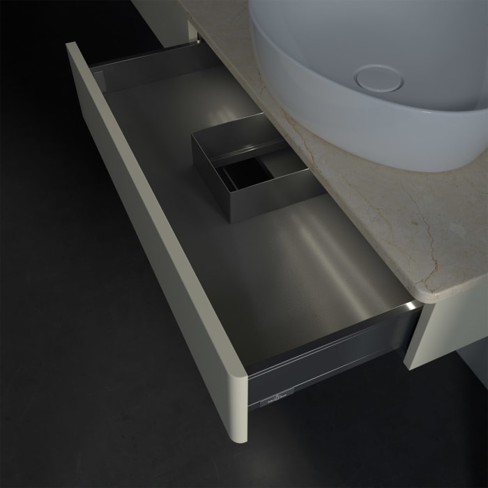 Villeroy & Boch Antao Waschbeckenunterschrank, 160 x 19 cm, 2 Auszüge mit LED-Licht, Front ohne Struktur, mit Hahnloch, für Waschtisch rechts