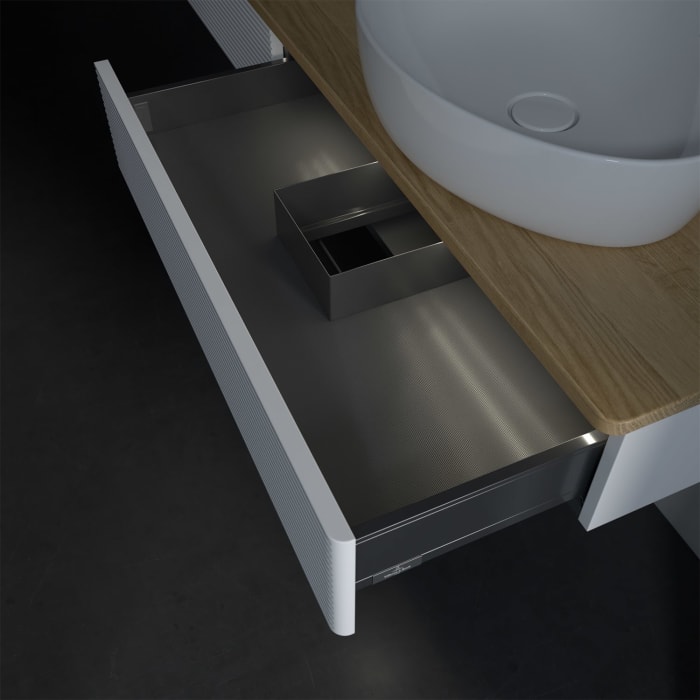 Villeroy & Boch Antao Waschbeckenunterschrank, 160 x 19 cm, 2 Auszüge mit LED-Licht, Front mit Struktur, mit Hahnloch, für Waschtisch rechts