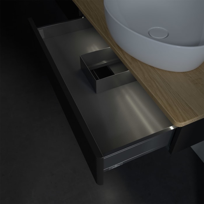 Villeroy & Boch Antao Waschbeckenunterschrank, 160 x 19 cm, 2 Auszüge mit LED-Licht, Front mit Struktur, mit Hahnloch, für Waschtisch rechts