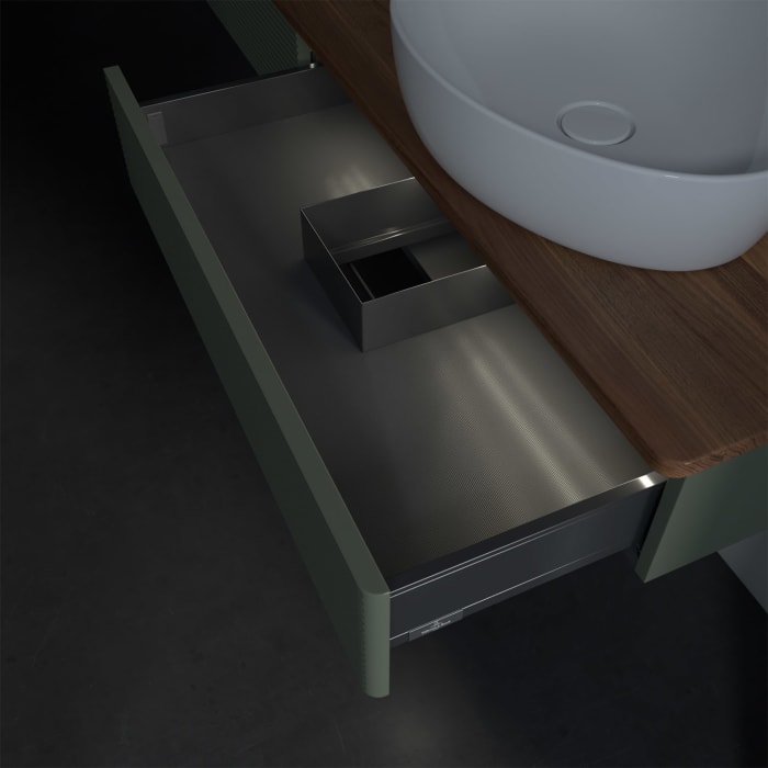 Villeroy & Boch Antao Waschbeckenunterschrank, 160 x 19 cm, 2 Auszüge mit LED-Licht, Front mit Struktur, mit Hahnloch, für Waschtisch rechts