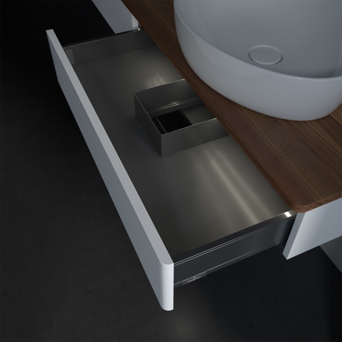 Villeroy & Boch Antao Waschbeckenunterschrank, 160 x 19 cm, 2 Auszüge mit LED-Licht, Front mit Struktur, mit Hahnloch, für Waschtisch rechts