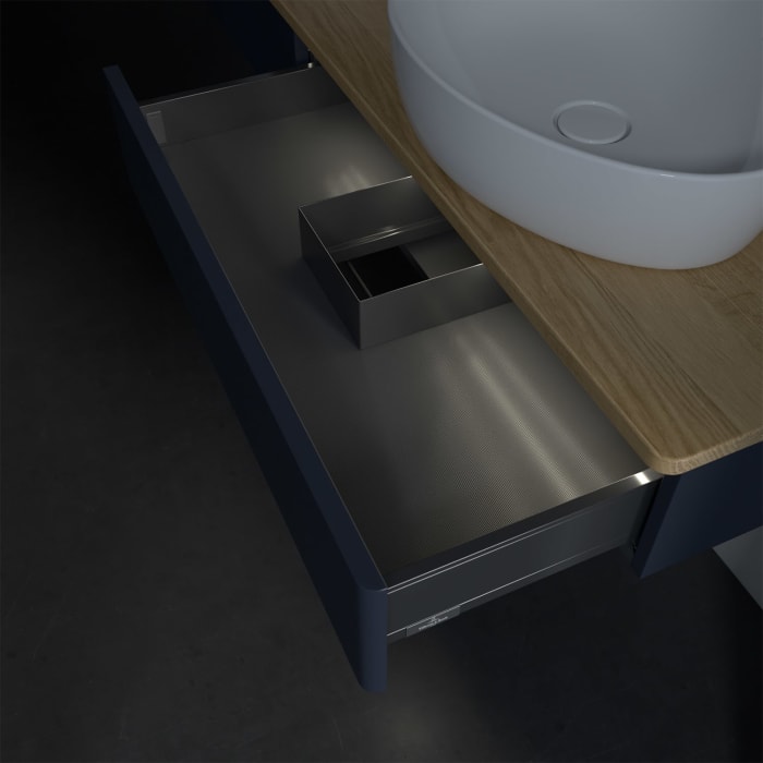 Villeroy & Boch Antao Waschbeckenunterschrank, 160 x 19 cm, 2 Auszüge mit LED-Licht, Front ohne Struktur, ohne Hahnloch, für Waschtisch links und rech