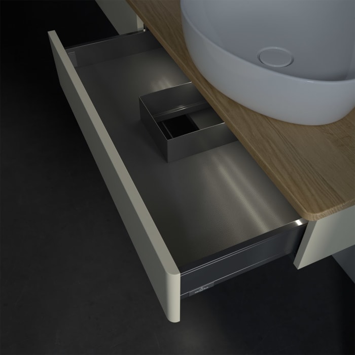 Villeroy & Boch Antao Waschbeckenunterschrank, 160 x 19 cm, 2 Auszüge mit LED-Licht, Front ohne Struktur, ohne Hahnloch, für Waschtisch links und rech