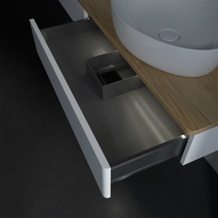 Villeroy & Boch Antao Waschbeckenunterschrank, 160 x 19 cm, 2 Auszüge mit LED-Licht, Front ohne Struktur, ohne Hahnloch, für Waschtisch links und rech