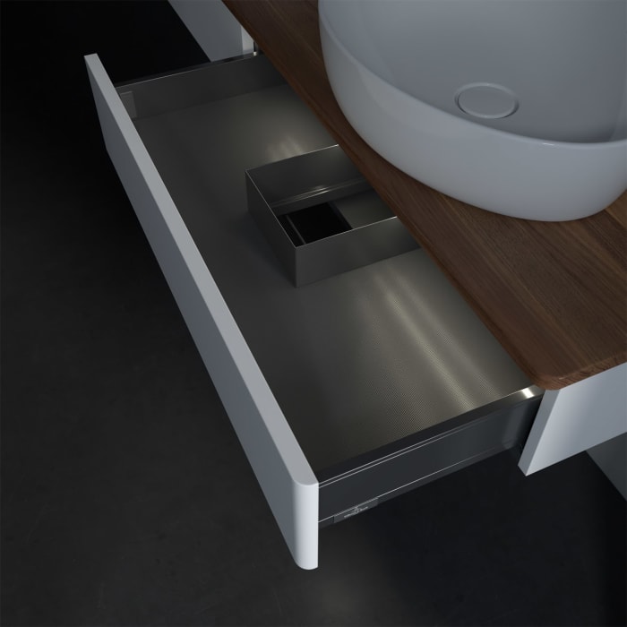 Villeroy & Boch Antao Waschbeckenunterschrank, 160 x 19 cm, 2 Auszüge mit LED-Licht, Front ohne Struktur, ohne Hahnloch, für Waschtisch links und rech