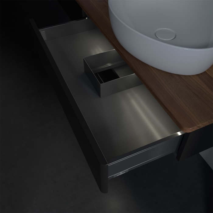 Villeroy & Boch Antao Waschbeckenunterschrank, 160 x 19 cm, 2 Auszüge mit LED-Licht, Front ohne Struktur, ohne Hahnloch, für Waschtisch links und rech