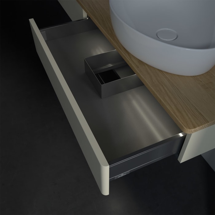 Villeroy & Boch Antao Waschbeckenunterschrank, 160 x 19 cm, 2 Auszüge mit LED-Licht, Front ohne Struktur, mit Hahnloch, für Waschtisch links und recht