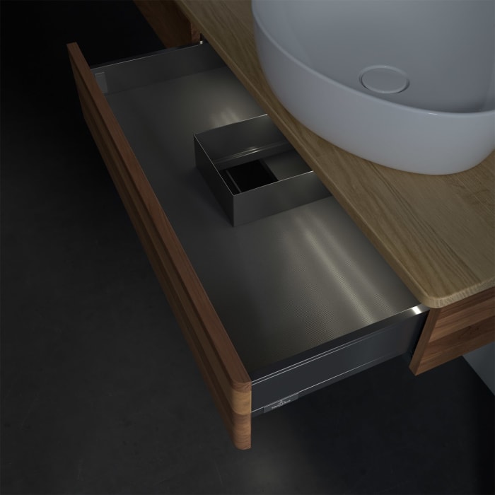 Villeroy & Boch Antao Waschbeckenunterschrank, 160 x 19 cm, 2 Auszüge mit LED-Licht, Front ohne Struktur, mit Hahnloch, für Waschtisch links und recht