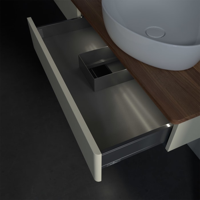 Villeroy & Boch Antao Waschbeckenunterschrank, 160 x 19 cm, 2 Auszüge mit LED-Licht, Front ohne Struktur, mit Hahnloch, für Waschtisch links und recht