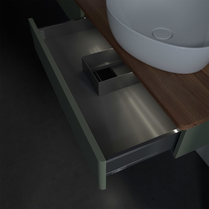 Villeroy & Boch Antao Waschbeckenunterschrank, 160 x 19 cm, 2 Auszüge mit LED-Licht, Front ohne Struktur, mit Hahnloch, für Waschtisch links und recht