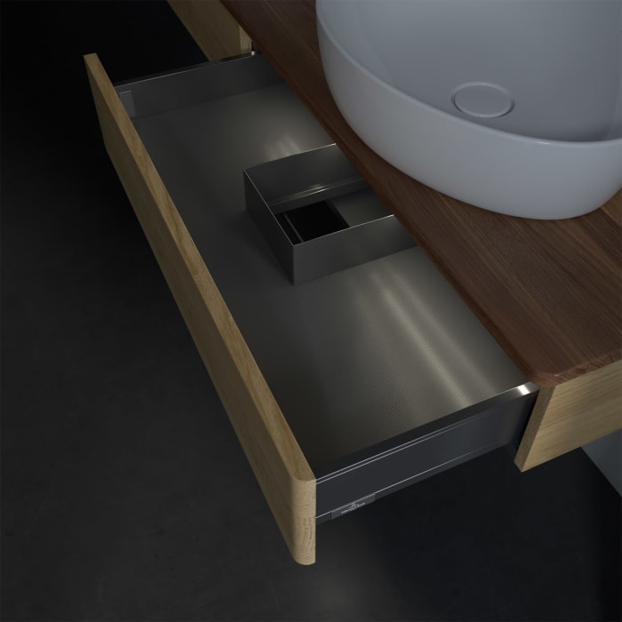 Villeroy & Boch Antao Waschbeckenunterschrank, 160 x 19 cm, 2 Auszüge mit LED-Licht, Front ohne Struktur, mit Hahnloch, für Waschtisch links und recht