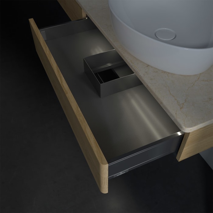 Villeroy & Boch Antao Waschbeckenunterschrank, 160 x 19 cm, 2 Auszüge mit LED-Licht, Front ohne Struktur, mit Hahnloch, für Waschtisch links und recht