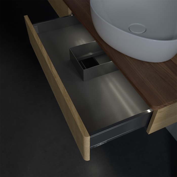 Villeroy & Boch Antao Waschbeckenunterschrank, 160 x 19 cm, 2 Auszüge mit LED-Licht, Front mit Struktur, ohne Hahnloch, für Waschtisch links und recht