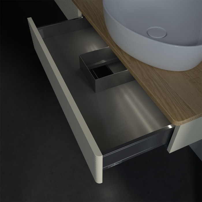 Villeroy & Boch Antao Waschbeckenunterschrank, 160 x 19 cm, 2 Auszüge mit LED-Licht, Front mit Struktur, mit Hahnloch, für Waschtisch links und rechts