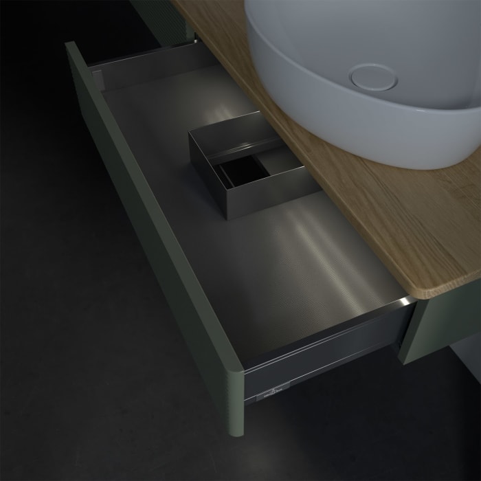 Villeroy & Boch Antao Waschbeckenunterschrank, 160 x 19 cm, 2 Auszüge mit LED-Licht, Front mit Struktur, mit Hahnloch, für Waschtisch links und rechts