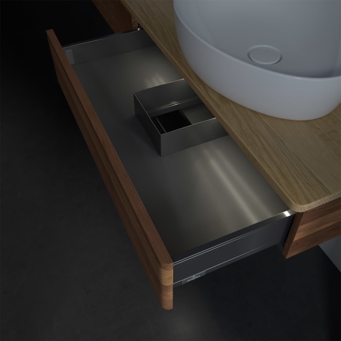 Villeroy & Boch Antao Waschbeckenunterschrank, 160 x 19 cm, 2 Auszüge mit LED-Licht, Front mit Struktur, mit Hahnloch, für Waschtisch links und rechts