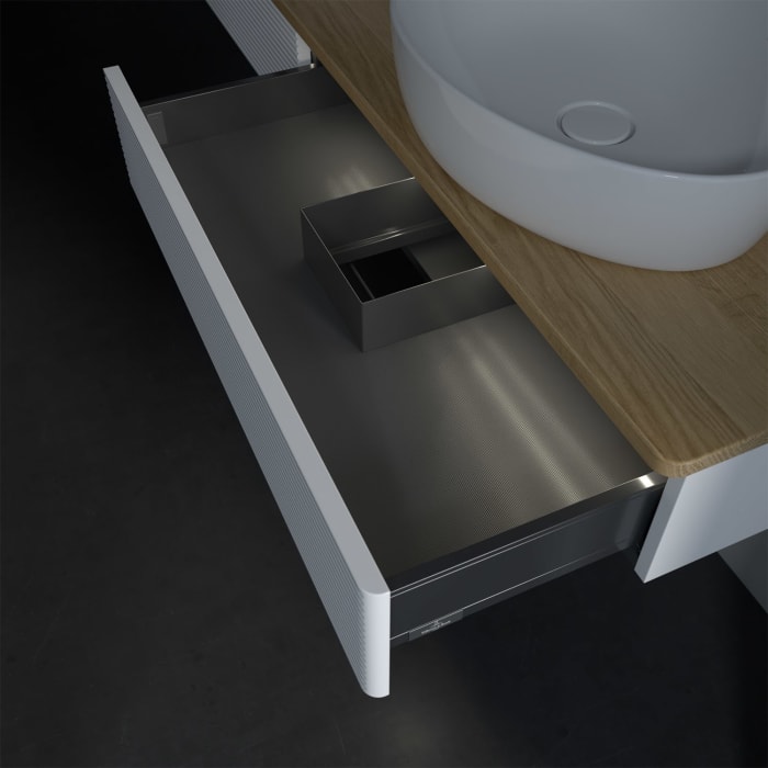 Villeroy & Boch Antao Waschbeckenunterschrank, 160 x 19 cm, 2 Auszüge mit LED-Licht, Front mit Struktur, mit Hahnloch, für Waschtisch links und rechts