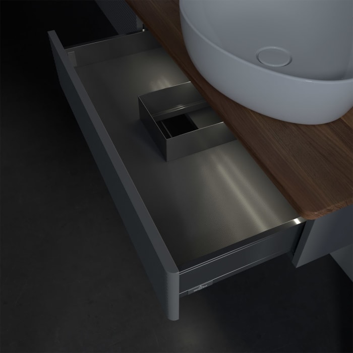 Villeroy & Boch Antao Waschbeckenunterschrank, 160 x 19 cm, 2 Auszüge mit LED-Licht, Front mit Struktur, mit Hahnloch, für Waschtisch links und rechts