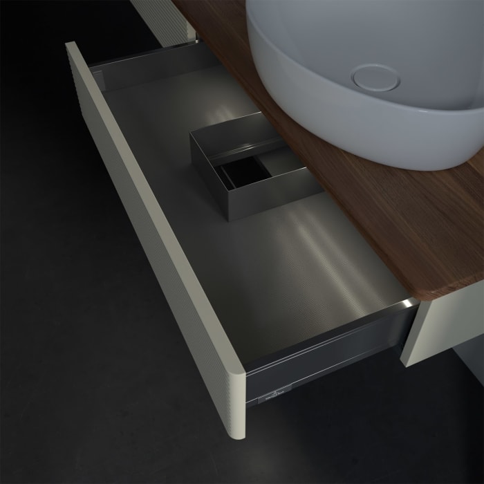 Villeroy & Boch Antao Waschbeckenunterschrank, 160 x 19 cm, 2 Auszüge mit LED-Licht, Front mit Struktur, mit Hahnloch, für Waschtisch links und rechts