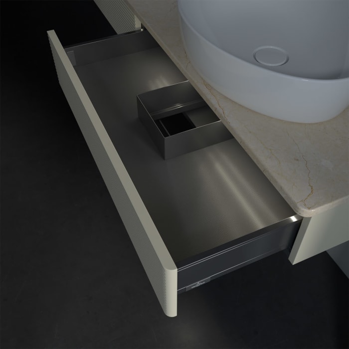 Villeroy & Boch Antao Waschbeckenunterschrank, 160 x 19 cm, 2 Auszüge mit LED-Licht, Front mit Struktur, mit Hahnloch, für Waschtisch links und rechts