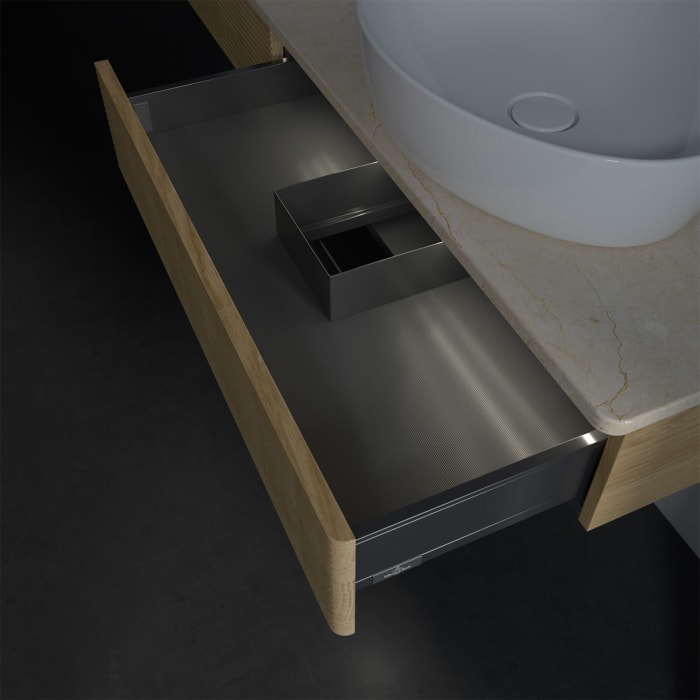 Villeroy & Boch Antao Waschbeckenunterschrank, 160 x 19 cm, 2 Auszüge mit LED-Licht, Front mit Struktur, mit Hahnloch, für Waschtisch links und rechts