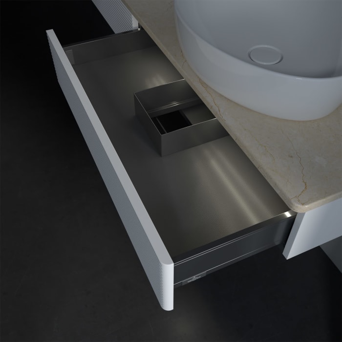 Villeroy & Boch Antao Waschbeckenunterschrank, 160 x 19 cm, 2 Auszüge mit LED-Licht, Front mit Struktur, mit Hahnloch, für Waschtisch links und rechts