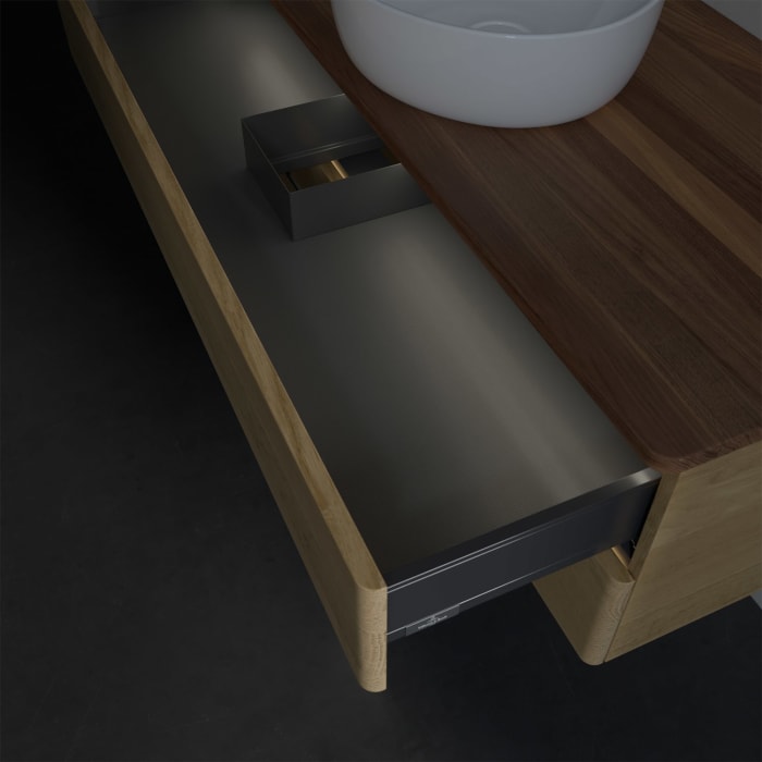 Villeroy & Boch Antao Waschbeckenunterschrank, 120 x 36 cm, 2 Auszüge mit LED-Licht, Front ohne Struktur, ohne Hahnloch, für Waschtisch mittig