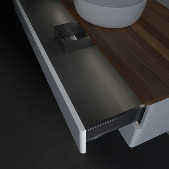 Villeroy & Boch Antao Waschbeckenunterschrank, 120 x 36 cm, 2 Auszüge mit LED-Licht, Front ohne Struktur, ohne Hahnloch, für Waschtisch mittig