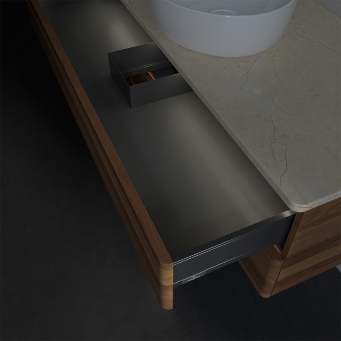 Villeroy & Boch Antao Waschbeckenunterschrank, 120 x 36 cm, 2 Auszüge mit LED-Licht, Front ohne Struktur, ohne Hahnloch, für Waschtisch mittig