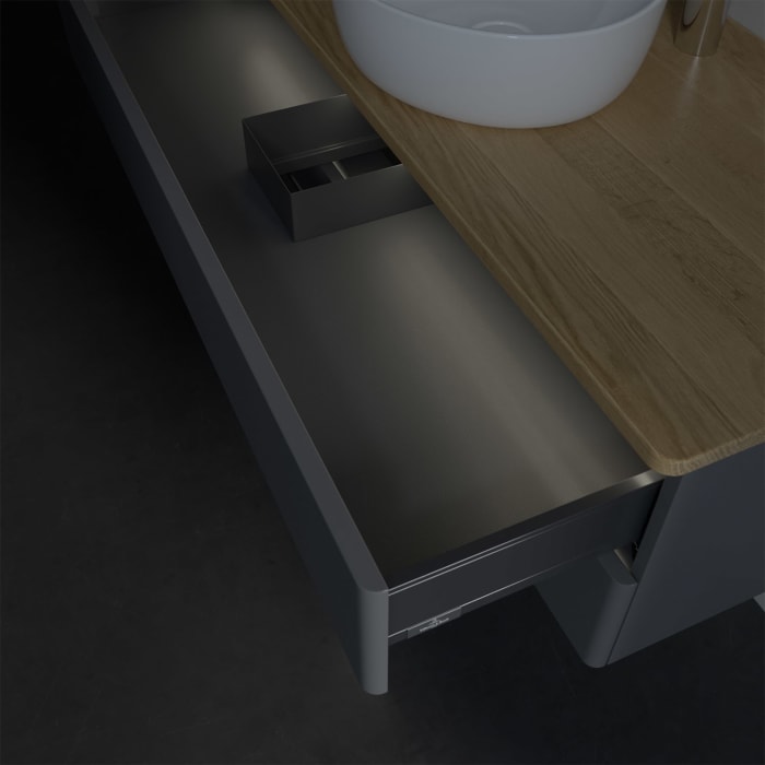 Villeroy & Boch Antao Waschbeckenunterschrank, 120 x 36 cm, 2 Auszüge mit LED-Licht, Front ohne Struktur, mit Hahnloch, für Waschtisch mittig