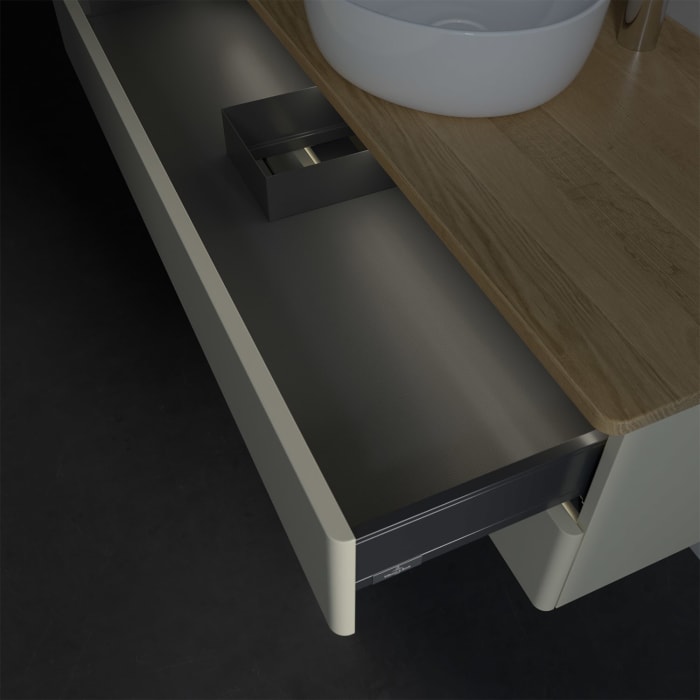 Villeroy & Boch Antao Waschbeckenunterschrank, 120 x 36 cm, 2 Auszüge mit LED-Licht, Front ohne Struktur, mit Hahnloch, für Waschtisch mittig