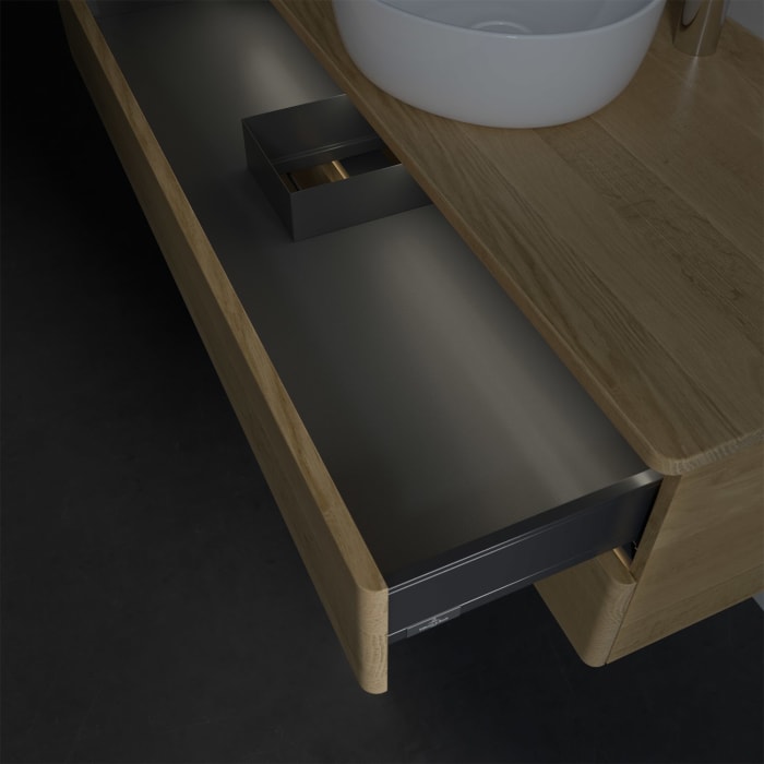 Villeroy & Boch Antao Waschbeckenunterschrank, 120 x 36 cm, 2 Auszüge mit LED-Licht, Front ohne Struktur, mit Hahnloch, für Waschtisch mittig