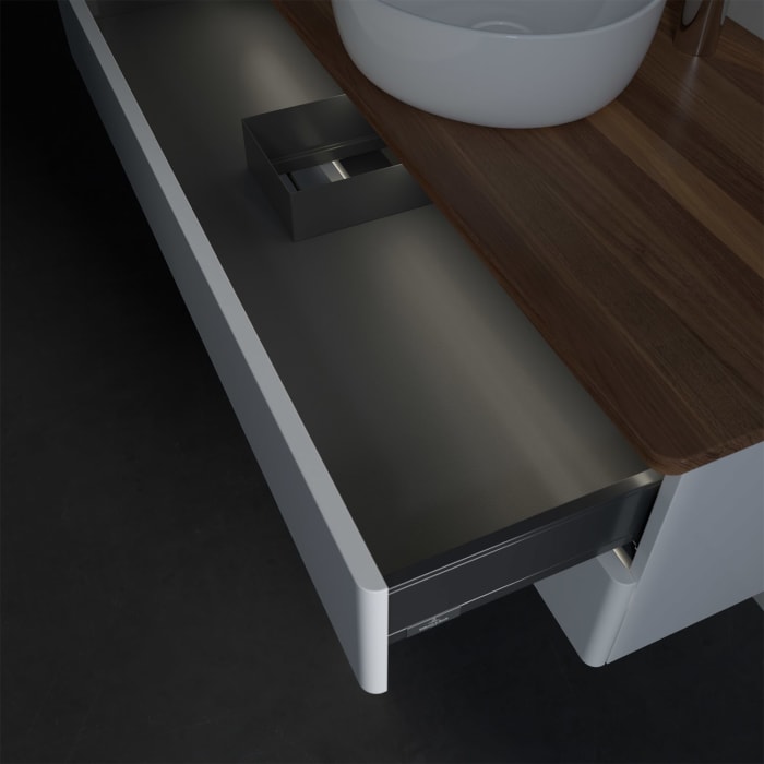 Villeroy & Boch Antao Waschbeckenunterschrank, 120 x 36 cm, 2 Auszüge mit LED-Licht, Front ohne Struktur, mit Hahnloch, für Waschtisch mittig