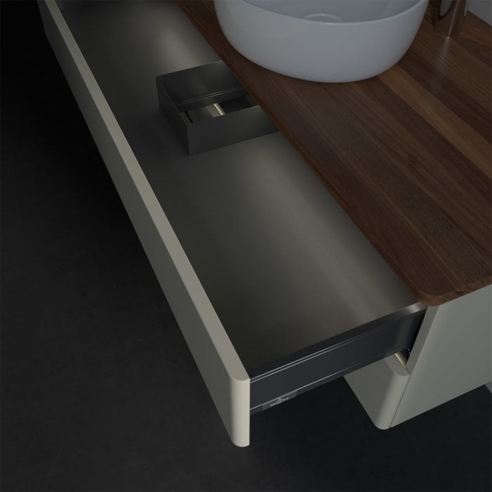 Villeroy & Boch Antao Waschbeckenunterschrank, 120 x 36 cm, 2 Auszüge mit LED-Licht, Front ohne Struktur, mit Hahnloch, für Waschtisch mittig