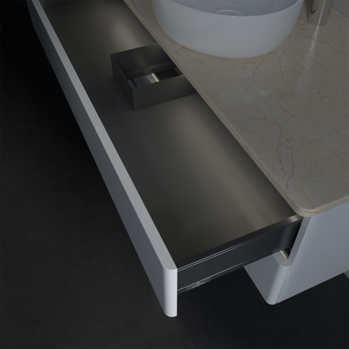 Villeroy & Boch Antao Waschbeckenunterschrank, 120 x 36 cm, 2 Auszüge mit LED-Licht, Front ohne Struktur, mit Hahnloch, für Waschtisch mittig