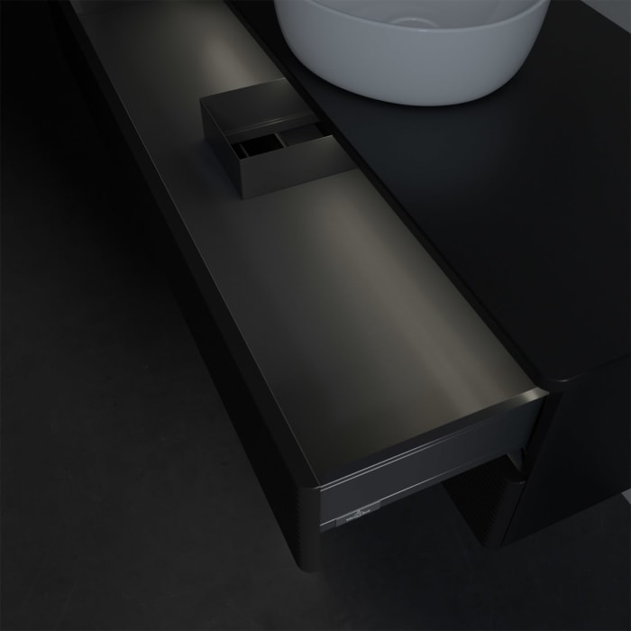 Villeroy & Boch Antao Waschbeckenunterschrank, 120 x 36 cm, 2 Auszüge mit LED-Licht, Front mit Struktur, ohne Hahnloch, für Waschtisch mittig