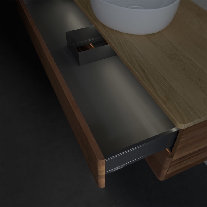 Villeroy & Boch Antao Waschbeckenunterschrank, 120 x 36 cm, 2 Auszüge mit LED-Licht, Front mit Struktur, ohne Hahnloch, für Waschtisch mittig