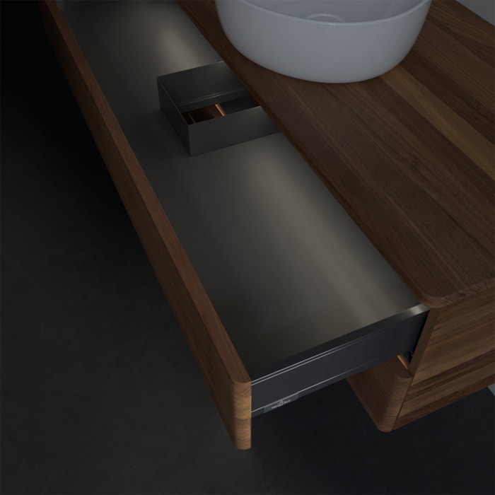 Villeroy & Boch Antao Waschbeckenunterschrank, 120 x 36 cm, 2 Auszüge mit LED-Licht, Front mit Struktur, ohne Hahnloch, für Waschtisch mittig