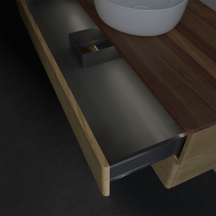 Villeroy & Boch Antao Waschbeckenunterschrank, 120 x 36 cm, 2 Auszüge mit LED-Licht, Front mit Struktur, ohne Hahnloch, für Waschtisch mittig