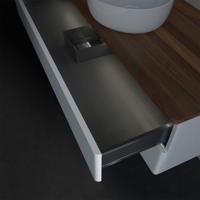 Villeroy & Boch Antao Waschbeckenunterschrank, 120 x 36 cm, 2 Auszüge mit LED-Licht, Front mit Struktur, ohne Hahnloch, für Waschtisch mittig