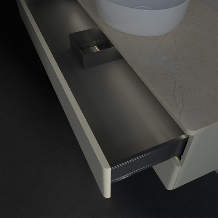 Villeroy & Boch Antao Waschbeckenunterschrank, 120 x 36 cm, 2 Auszüge mit LED-Licht, Front mit Struktur, ohne Hahnloch, für Waschtisch mittig