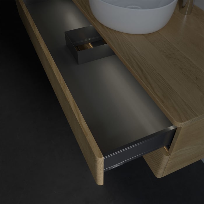 Villeroy & Boch Antao Waschbeckenunterschrank, 120 x 36 cm, 2 Auszüge mit LED-Licht, Front mit Struktur, mit Hahnloch, für Waschtisch mittig