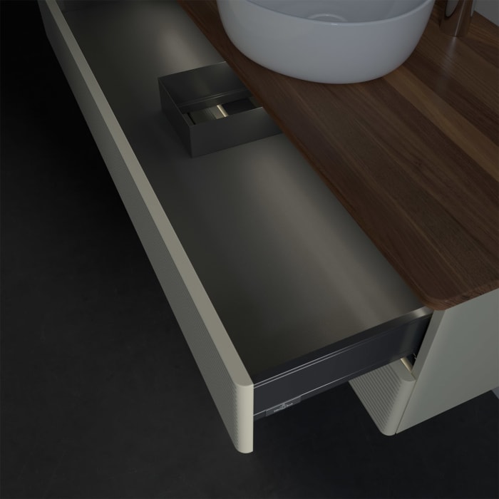 Villeroy & Boch Antao Waschbeckenunterschrank, 120 x 36 cm, 2 Auszüge mit LED-Licht, Front mit Struktur, mit Hahnloch, für Waschtisch mittig