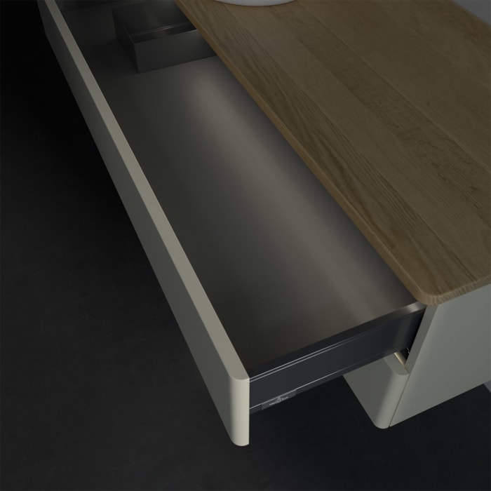 Villeroy & Boch Antao Waschbeckenunterschrank, 120 x 36 cm, 2 Auszüge mit LED-Licht, Front ohne Struktur, ohne Hahnloch, für Waschtisch links