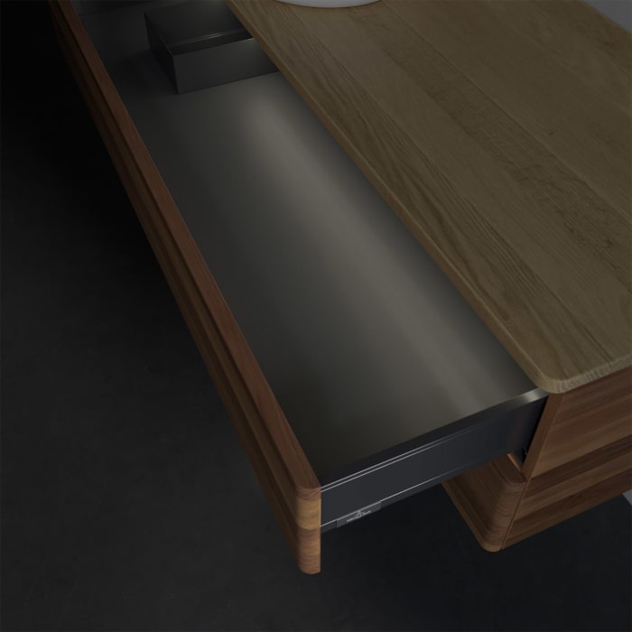 Villeroy & Boch Antao Waschbeckenunterschrank, 120 x 36 cm, 2 Auszüge mit LED-Licht, Front ohne Struktur, ohne Hahnloch, für Waschtisch links