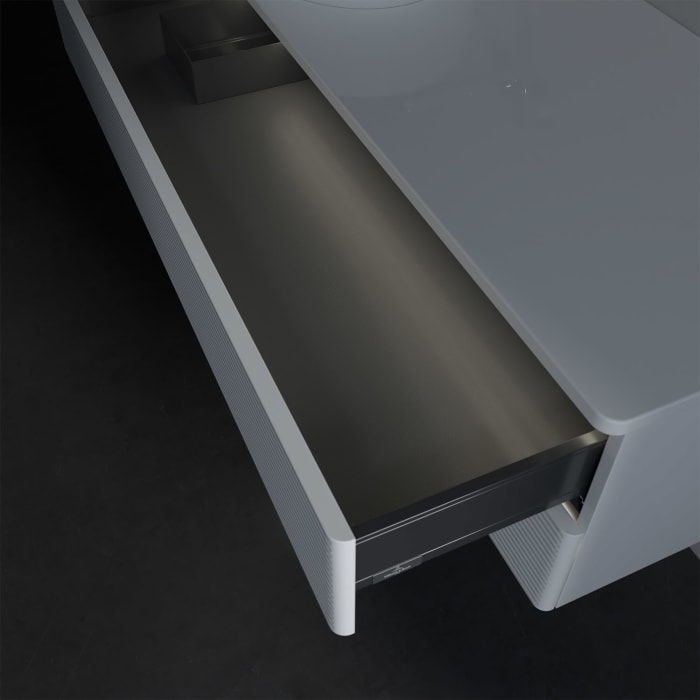 Villeroy & Boch Antao Waschbeckenunterschrank, 120 x 36 cm, 2 Auszüge mit LED-Licht, Front mit Struktur, ohne Hahnloch, für Waschtisch links